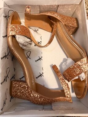J Adam’s Gold Glitter Block Heel Sandals - Women's Elegant Evening Shoes